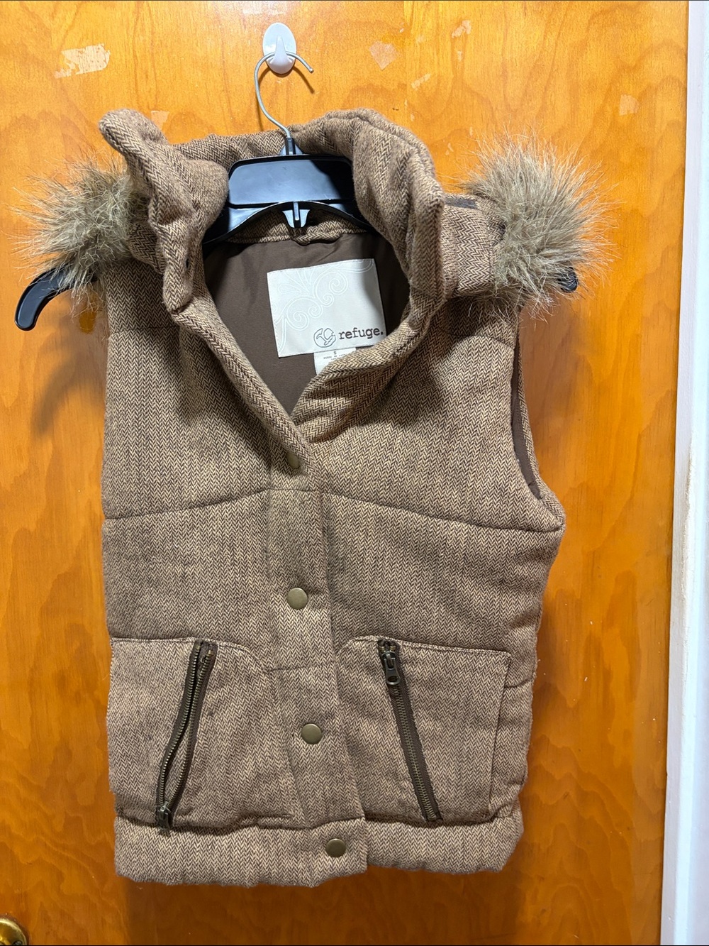 refuge Tan Quilted Hooded Puffer Vest with Faux Fur Trim